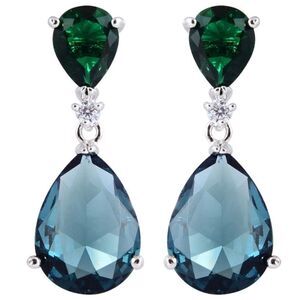 18K White Gold with Emerald Green and Blue Sapphire Cubic Zirconia Post Earrings